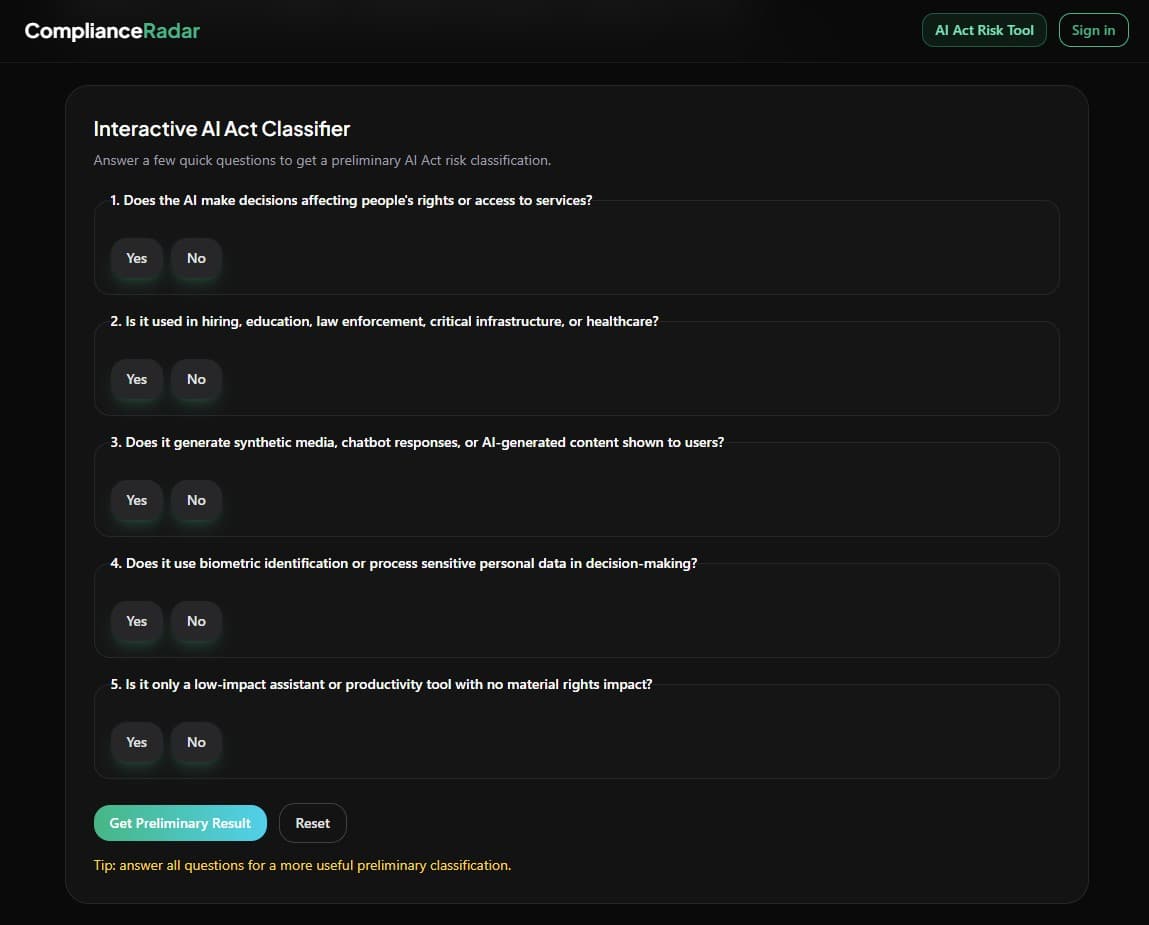 Interactive AI Act classifier calculator UI with yes/no questions and preliminary result button
