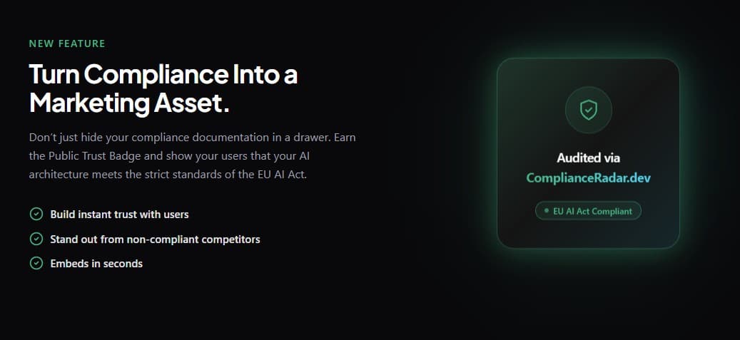 Compliance badge marketing section showing AI Act compliant trust asset from ComplianceRadar.dev