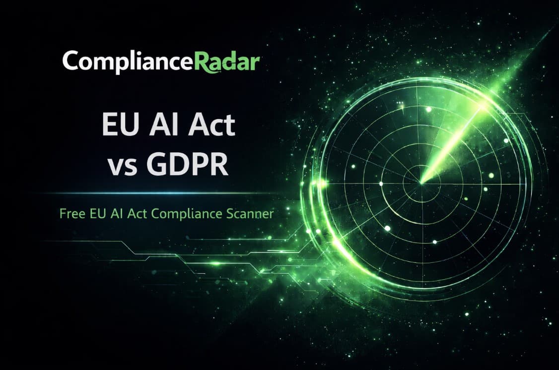 EU AI Act vs GDPR cover visual with ComplianceRadar.dev branding and radar motif