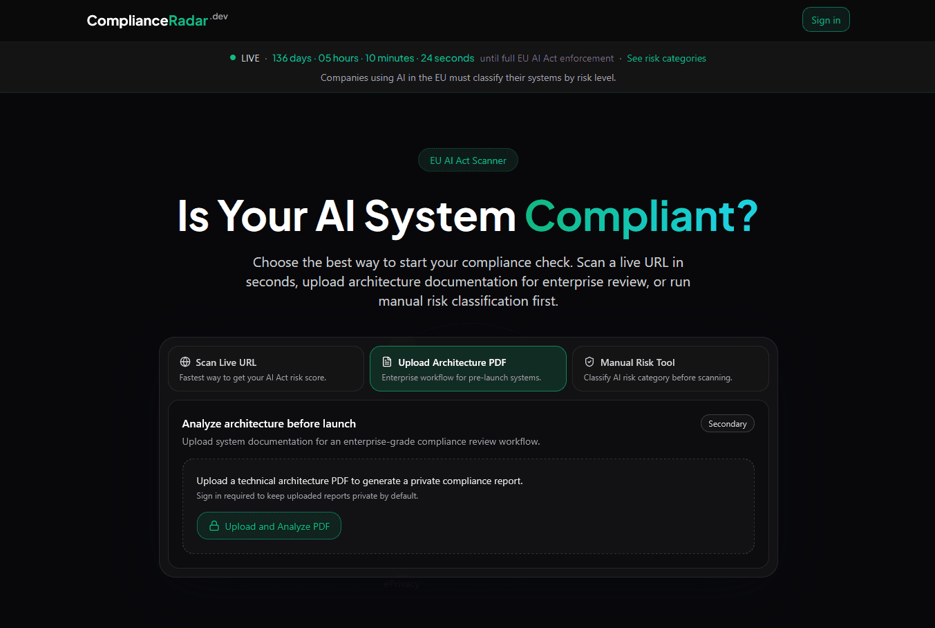 ComplianceRadar report dashboard showing low risk level, minimal AI Act risk classification, and technical documentation generator preview