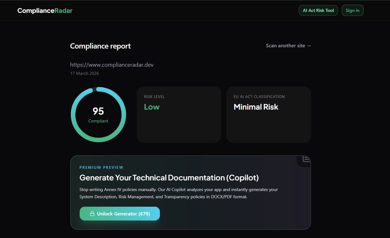 ComplianceRadar.dev report screen showing risk score, AI Act classification, and technical documentation generator card